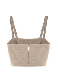 Beige stoffen tas met een gestructureerd ruitpatroon, rechthoekige vorm en ritssluiting aan de voorkant. Voorzien van twee verstelbare hengsels.