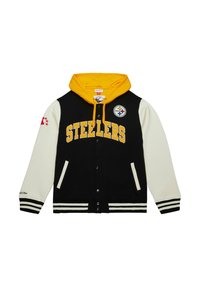 Schwarze Collegejacke mit weißen Ärmeln, gelber Kapuze und "STEELERS"-Text. Mit Sportlogo, Druckknöpfen und gestreiftem Saum.