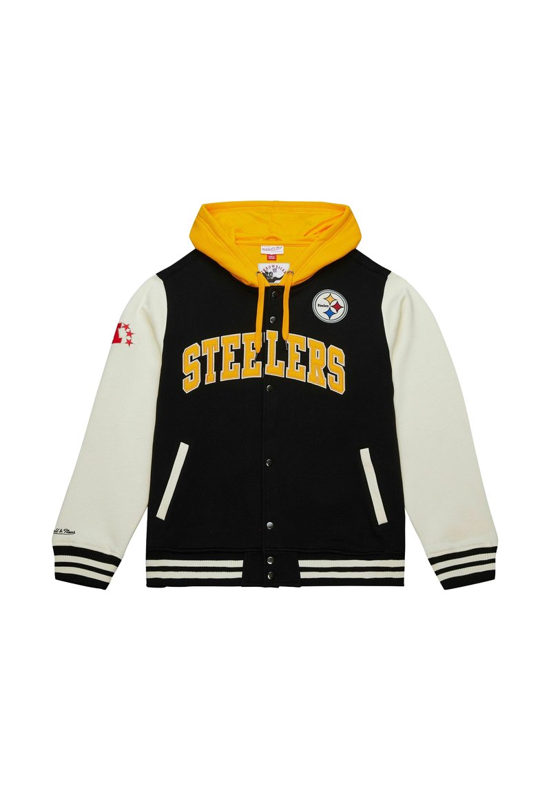 Schwarze Collegejacke mit weißen Ärmeln, gelber Kapuze und "STEELERS"-Text. Mit Sportlogo, Druckknöpfen und gestreiftem Saum.