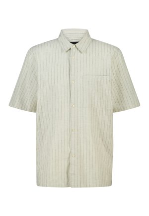 Beige korte mouwen overhemd met dunne verticale grijze strepen en een borstzak aan de linkerzijde.