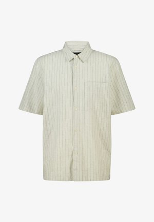 Beige korte mouwen overhemd met dunne verticale grijze strepen en een borstzak aan de linkerzijde.