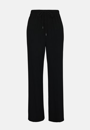 Zwarte wijde broek met elastische tailleband en trekkoord, gemaakt van lichtgewicht stof, getoond tegen een effen lichte achtergrond.