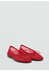 Red knitted ballet flats with a mesh upper, flat heel, and decorative bow at the front, featuring a rounded toe and smooth texture.