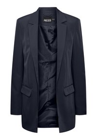 Mörkblå blazer med en slät, satinfinish; har en slagkrage, två framfickor och en enkel knappstängning. Fodrad insida.