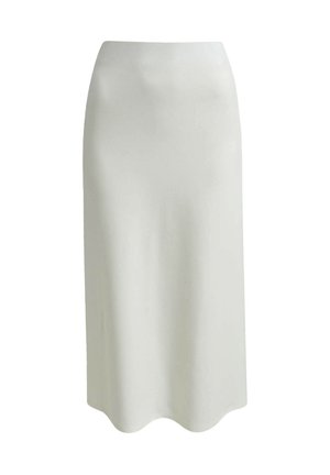 Weißer Midi-Bleistiftrock, glatte Textur, figurbetonte Silhouette, elastischer Bund, ausgestellter Saum, keine Muster oder Akzente, minimalistisches Design.