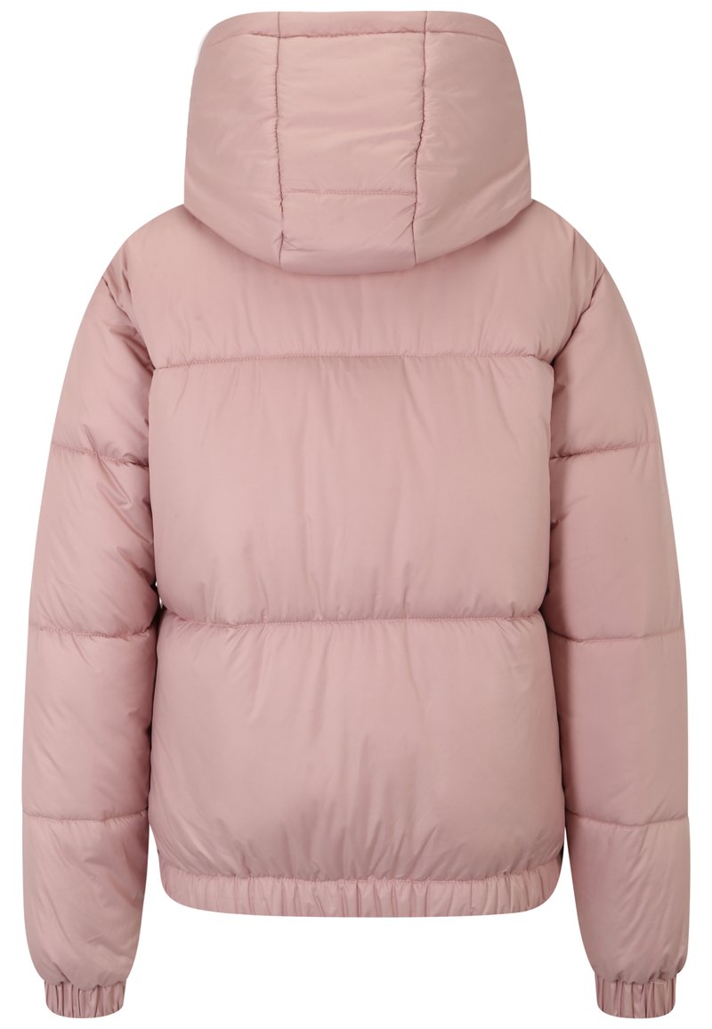 Giacca puffer rosa chiaro con cappuccio, caratterizzata da sezioni trapuntate, polsini elasticizzati e orlo arricciato per una vestibilità aderente. Texture liscia.