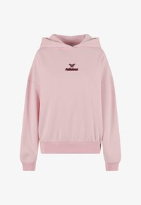 Sudadera rosa clara con capucha, puños acanalados y cintura ajustada. Presenta un logo rosa oscuro en el pecho. Tejido suave de mezcla de algodón.