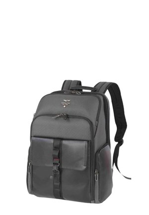 Zaino Aeronautica Militare nero e grigio scuro con più scomparti con cerniera e spallacci imbottiti.