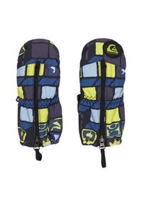 Kleurige geïsoleerde wanten met een geometrisch patroon in blauw, geel en zwart. Inclusief ritssluiting en elastische pols voor een perfecte pasvorm.