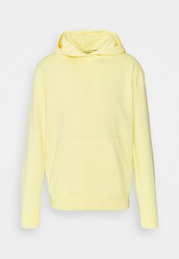 Sweat à capuche jaune pâle avec manches longues et poche kangourou à l'avant, présenté sur un fond blanc.