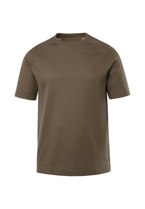 T-shirt a maniche corte con scollo a girocollo di colore verde oliva, realizzato in tessuto morbido con una texture liscia e un taglio rilassato, caratterizzato da maniche raglan.