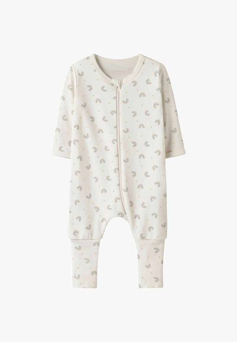 Cremfarbener Baby-Overall mit langen Ärmeln, der mit einem gedruckten Muster aus kleinen Regenbögen und Punkten verziert ist. Er hat einen Reißverschluss vorne und elastische Bündchen.