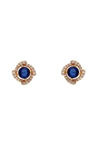 Guldfarvede studs med en central blå ædelsten omgivet af små klare krystaller i et blomstermønster.