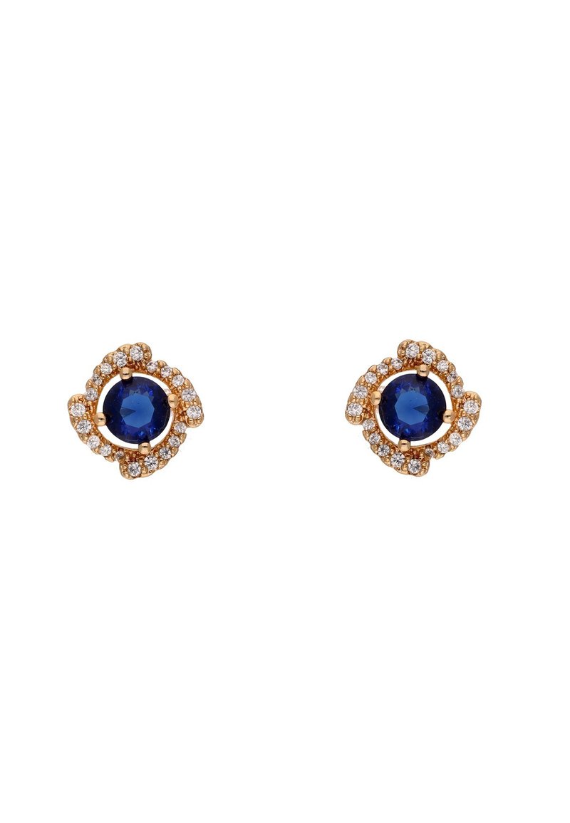Guldfarvede studs med en central blå ædelsten omgivet af små klare krystaller i et blomstermønster.