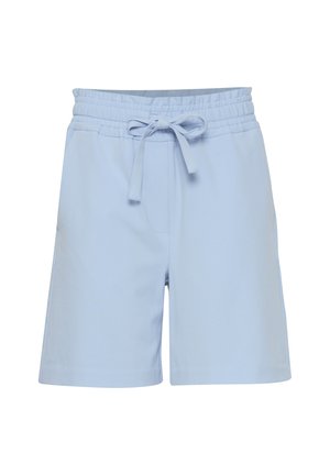 Ljusblå shorts med elastisk midja och knytband. Har en enda framficka och en slät textur.