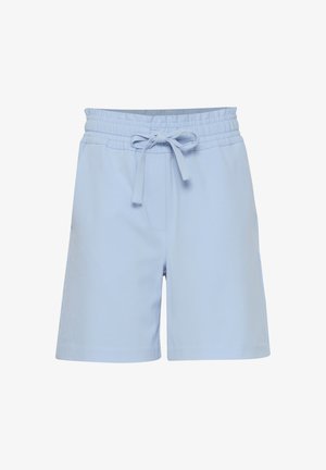 Svetlomodré šortky s elastickým pásom a šnúrkou na viazanie. Obsahujú jednu prednú vrecko a hladkú textúru.
