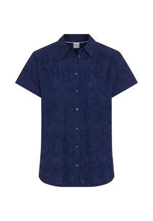 Chemise bleu marine à manches courtes avec un motif paisley subtil et un col pointu, étiquette de marque "Brax" à l'intérieur du col.