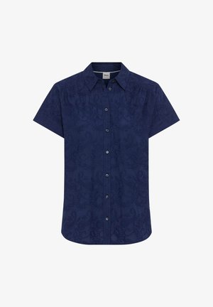 Chemise bleu marine à manches courtes avec un motif paisley subtil et un col pointu, étiquette de marque "Brax" à l'intérieur du col.