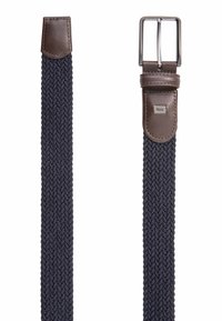 Marineblauer geflochtener Gürtel mit Lederenden und einer silberfarbenen Metallschnalle. Das Leder hat eine glatte Oberfläche und zeigt ein Logodetail.