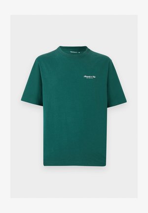 Green cotton short-sleeve t-shirt with a crew neck, featuring white embroidered logo on the chest and a straight hem. Classic, casual design.
