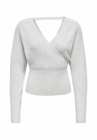 Szara swetrowa narzutka z długimi rękawami, dekoltem w kształcie litery V i prążkowaną teksturą. Posiada krótki fason oraz otwarty tył.