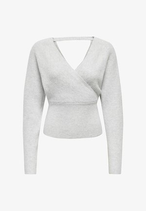 Grå indpakningsstriktrøje med lange ærmer, V-hals og ribbet tekstur. Har en cropped længde og et åbent rygdesign.