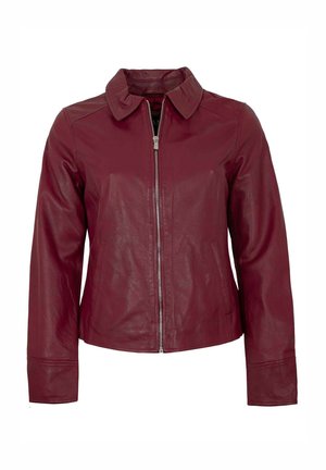 Burgundy leather jacket with a zip front, flat collar, long sleeves, and two side pockets; smooth texture and fitted silhouette.