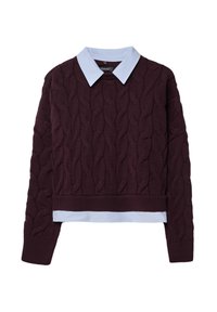 Maglione bordeaux a trecce con una camicia col colore azzurro chiaro indossata sotto. Caratterizzato da polsini e orlo a coste.