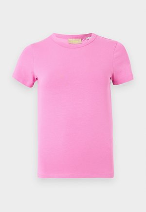 Pink short-sleeve t-shirt made of soft cotton, featuring a classic round neckline and a smooth texture with no visible patterns or accents.