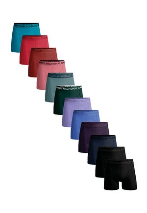 Men's boxer briefs in various colors including blue, pink, red, green, black, and purple. Each features a black elastic waistband with logo.