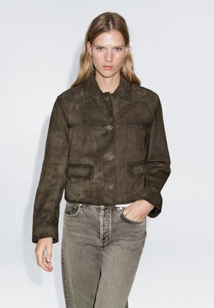 Massimo Dutti LINED BUTTONS - Leren jas - mottled dark green