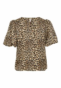 Bluza s leopard uzorkom koja ima kratke puf rukave, okrugli izrez i zatvaranje s prorezom na leđima s malim metalnim detaljem. Mekani materijal.