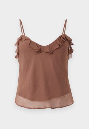 Brown sleeveless top made of lightweight fabric with a textured finish, featuring ruffled accents along the neckline and straps.