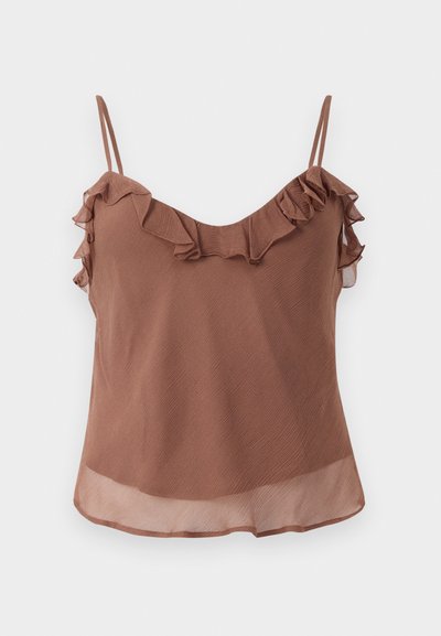 Pruun ilma varrukateta topp, mis on valmistatud kergest kangast, millel on tekstuuriline viimistlus, ning millel on volangilised detailid kaeluses ja rihmadel.