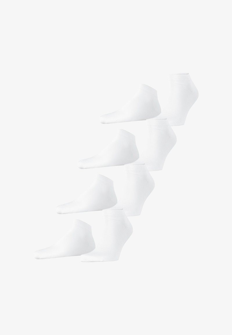 Weiße Knöchelsocken, im Pack zu sechs. Aus einem glatten, elastischen Stoff mit einem gerippten Saum gefertigt. Jede Socke verfügt über ein nahtloses Zehen-Design.