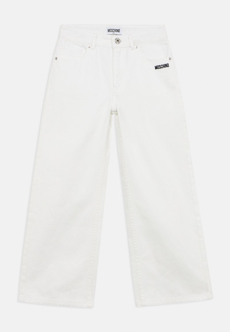 Άσπρο τζιν παντελόνι με φαρδιά μπατζάκια κατασκευασμένο από denim με κούμπωμα κουμπιού και φερμουάρ. Διαθέτει δύο μπροστινές τσέπες και το λογότυπο Moschino στον αριστερό μηρό.