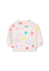 Lichtroze sweatshirt met kleurrijke speelse patronen, waaronder glimlachende gezichten, bloemen en regenbogen. Ribgebreide manchetten en onderste rand.