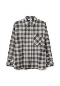 Camicia a quadri beige e nera, con bottoni frontali, maniche lunghe e taschino sul lato sinistro del petto. Realizzata in tessuto morbido con una vestibilità comoda.