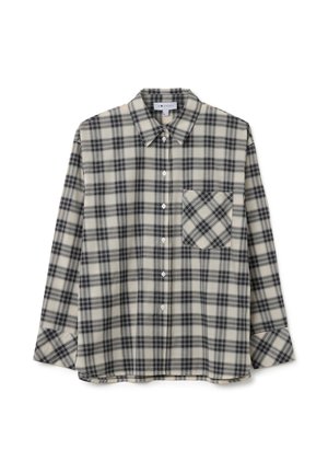 Geruite shirt in beige en zwart, met een knoopsluiting aan de voorkant, lange mouwen en een borstzak aan de linkerkant. Gemaakt van zachte stof met een relaxte pasvorm.