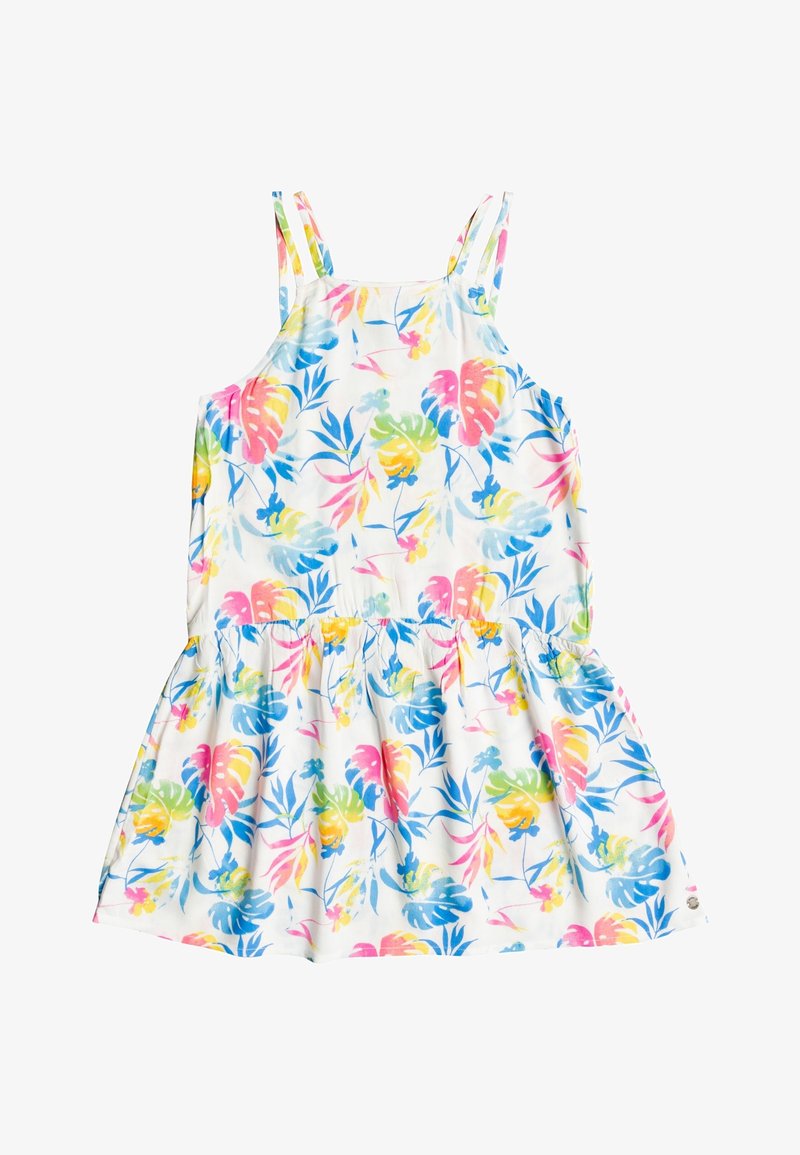 Robe blanche sans manches avec double bretelles, ornée d'un motif de feuilles tropicales colorées en rose, bleu, jaune et vert.