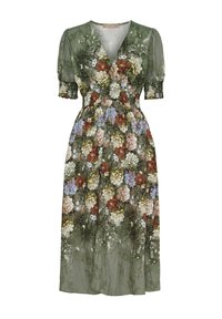 Blommig klänning i olivgrön med V-ringning och korta puffärmar. Har en blandning av rosor och andra blommor i kräm, blå och bruna nyanser.