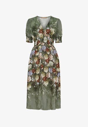 Blomsterkjole i olivengrøn med V-udskæring og korte puffærmer. Har et mix af roser og andre blomster i cremede, blå og brune nuancer.