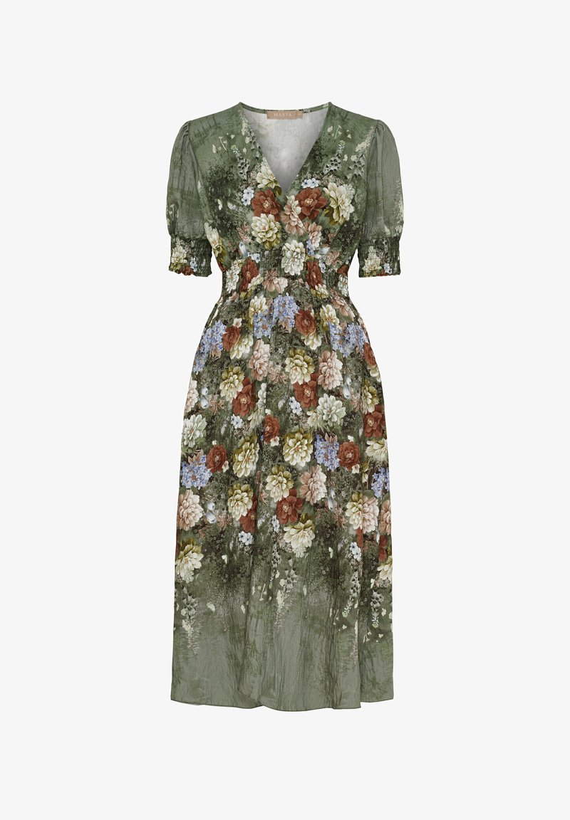 Blomsterkjole i olivengrøn med V-udskæring og korte puffærmer. Har et mix af roser og andre blomster i cremede, blå og brune nuancer.