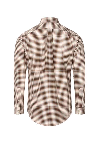 Brown and white checked long-sleeve shirt with a button-down collar, single-button cuffs, curved hem, and light texture.