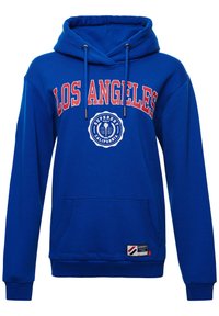 Modrá mikina s kapucí s nápisem "LOS ANGELES" v červených a bílých písmenech, přední kapsa, nastavitelná kapuce se šňůrkami a nášivka s logem Superdry California.