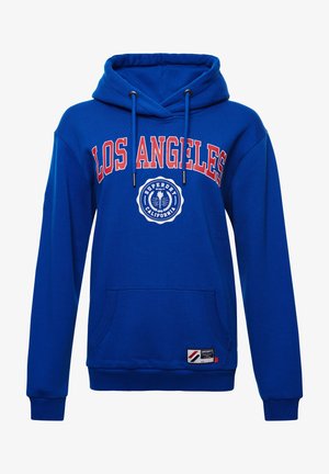Blauwe hoodie met "LOS ANGELES" in rode en witte letters, voorzak, verstelbare trekkoordcapuchon en een Superdry California logo patch.