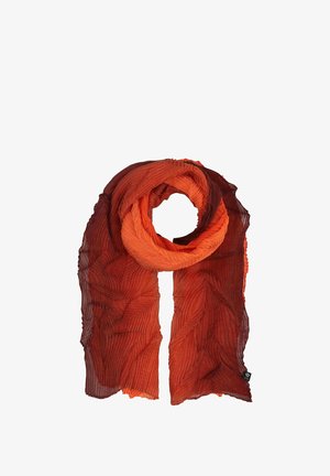 Sciarpa stropicciata con un gradiente che va da un rosso profondo a un arancione vivace. Realizzata in tessuto leggero, presenta un motivo a foglia su tutta la superficie.