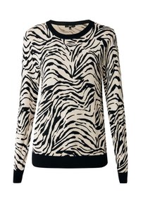 Strickpullover mit Zebrastreifen in Schwarz und Beige, mit rundem Halsausschnitt und schwarzen Rippenbündchen sowie Saum. Weiche Textur.