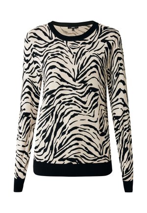 Gebreide trui met een zebraprint in zwart en beige, voorzien van een ronde halslijn en zwarte geribbelde manchetten en zoom. Zachte textuur.