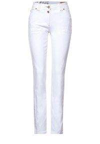 Witte denim jeans met een slim fit, vijf zakken en een ritssluiting. Twee contrasterende knopen bij de taille; subtiele stikseldetails.